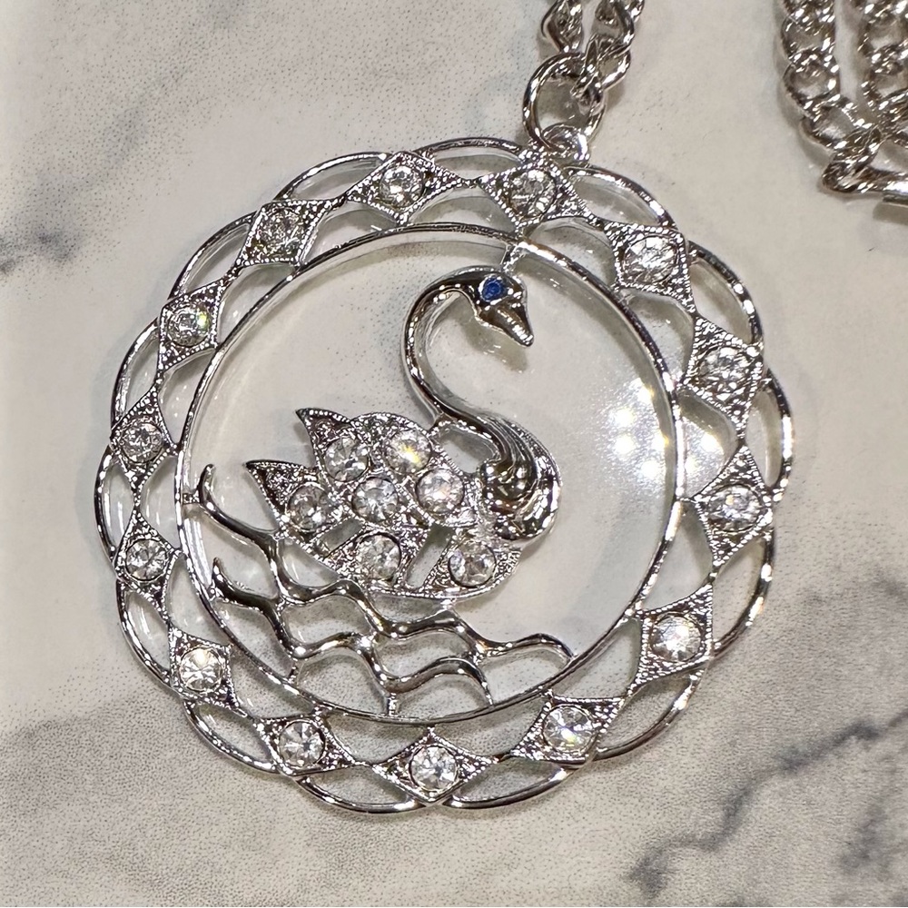 Swan Rhinestone Pendant Necklace Vintage Sara Coventry MCM Gift Women Christmas